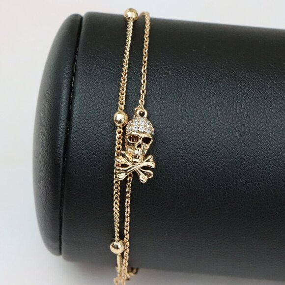 Rose Gold Double Layer Skull Bracelet with Crystal Accents, XPBL0674 - Picture 1 of 12